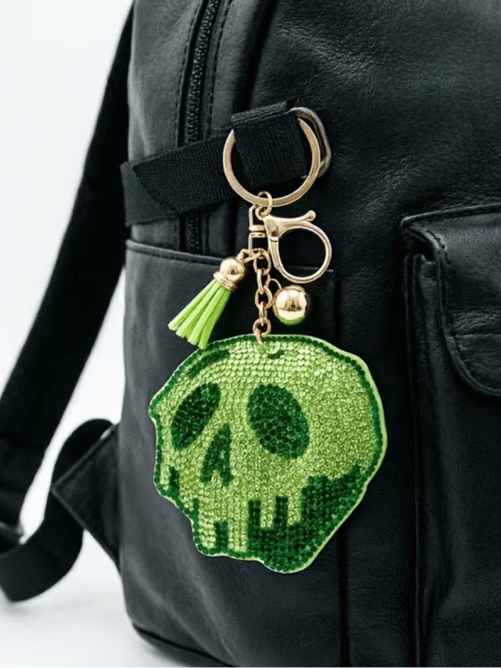 Green Sequin Skull Tassel Keychain Charm